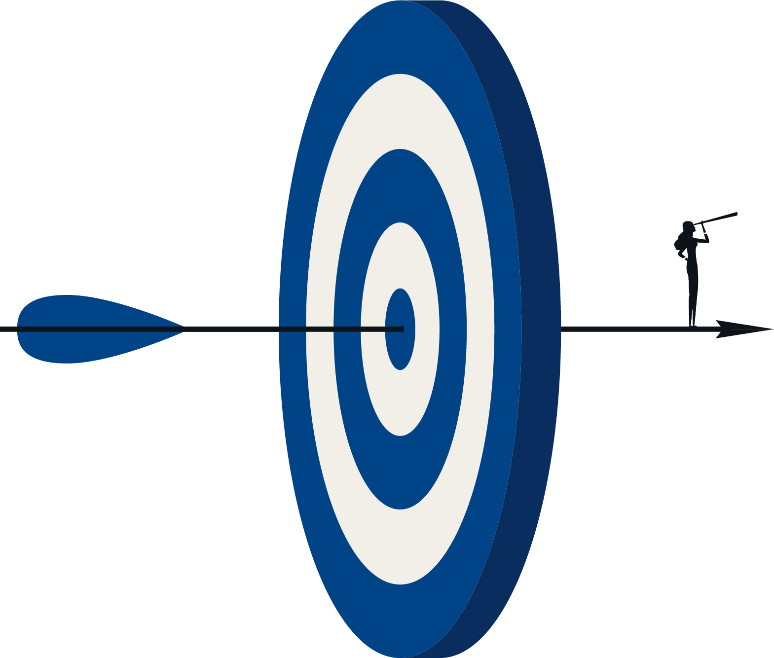 Arrow passing through the center of a target with a businessperson observing, symbolizing precision, goal achievement and investment success.