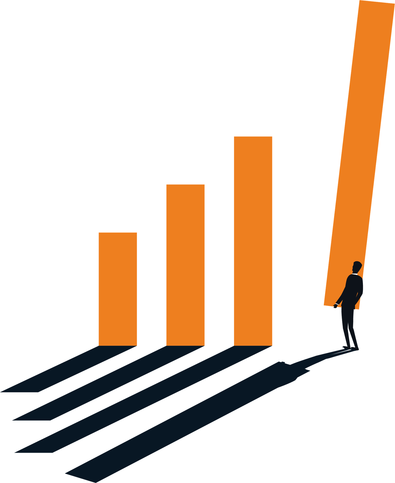 Businessperson standing beside a rising bar chart representing financial growth and investment performance.